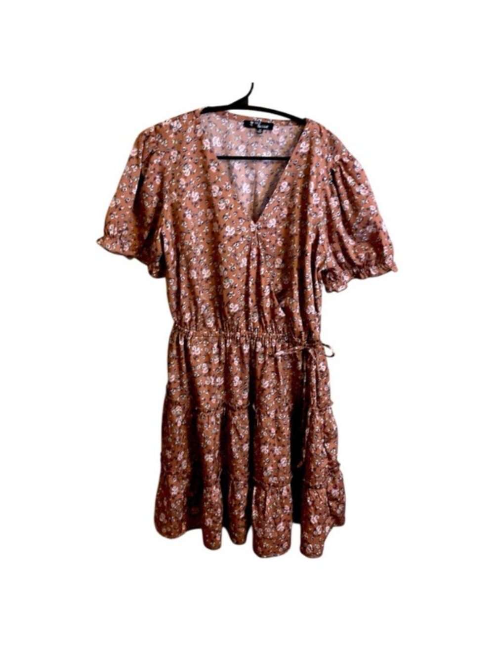 Boho Floral Midi Dress 1X Brown Blush Pink Cottagecore Puff Sleeve Tie Waist